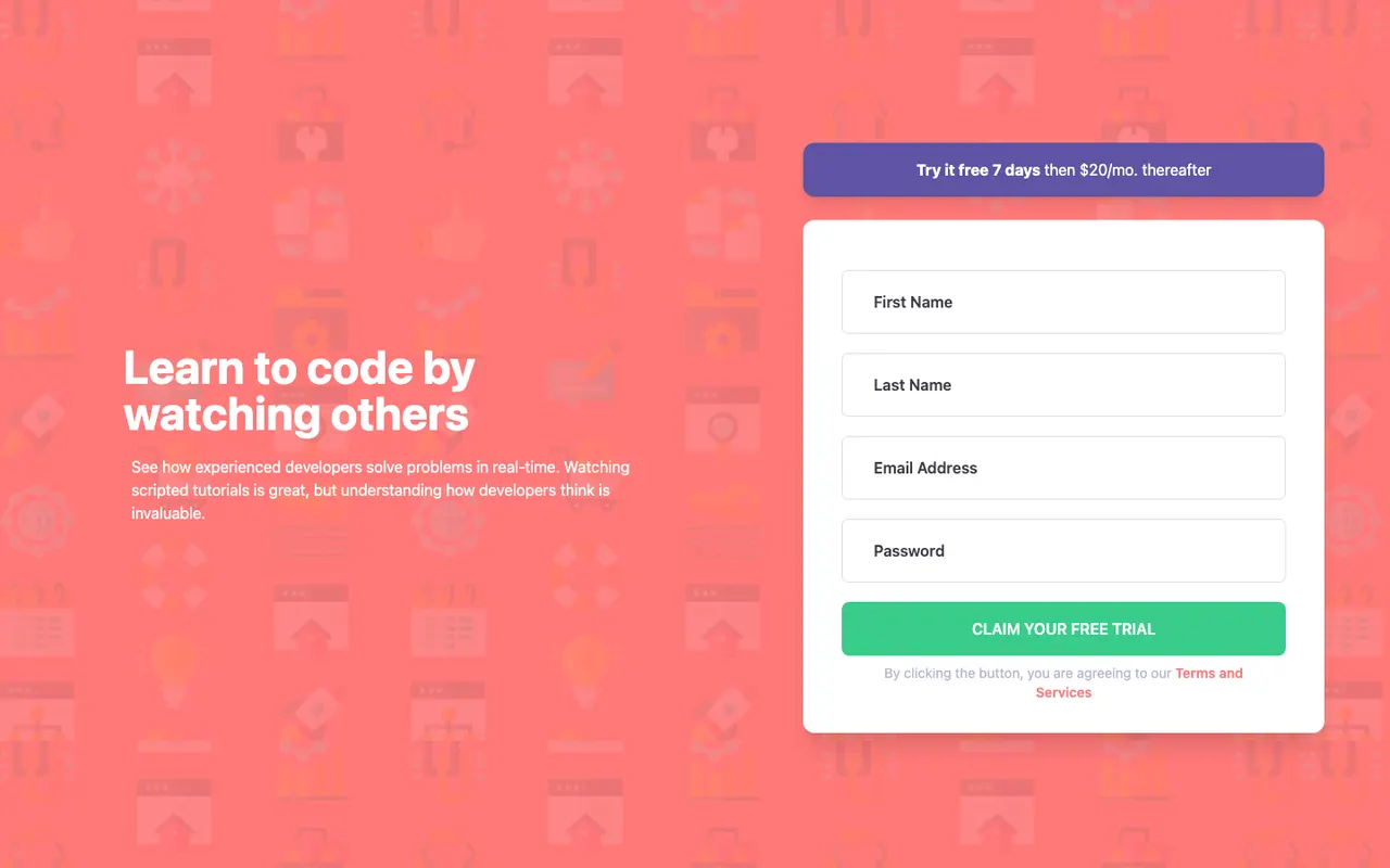 Sign up form with name, email, and password fields
