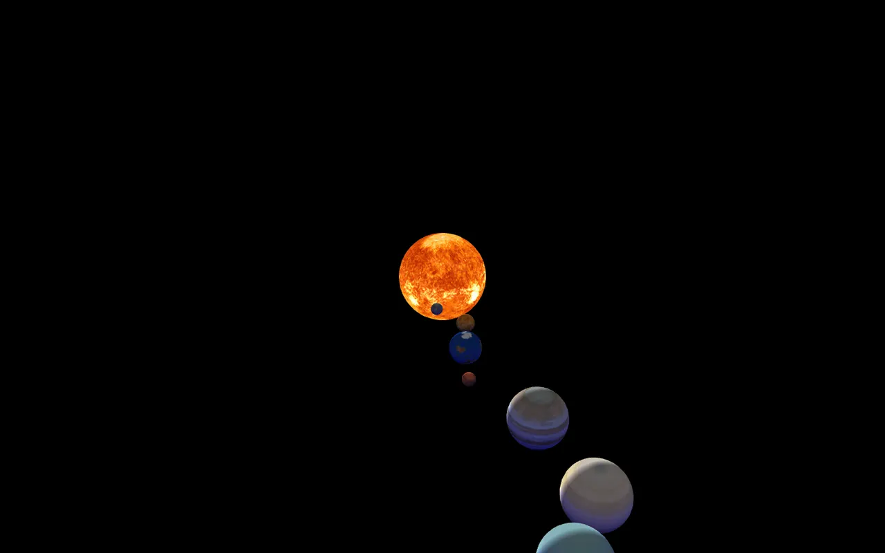 3D render of the sun and planets in orbit on a black background